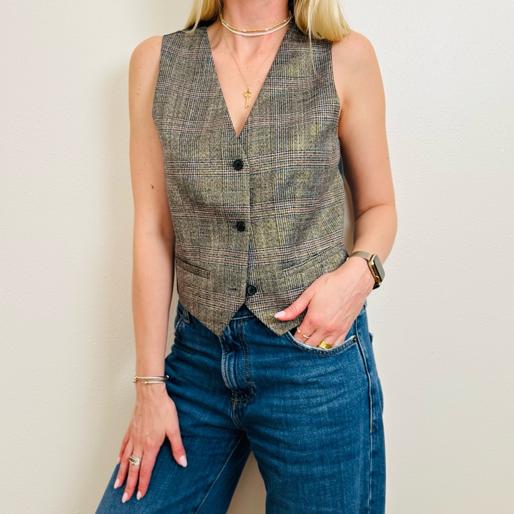 New Jason Wu Black with Gold Threading Plaid Adjustable Tweed Vest Top